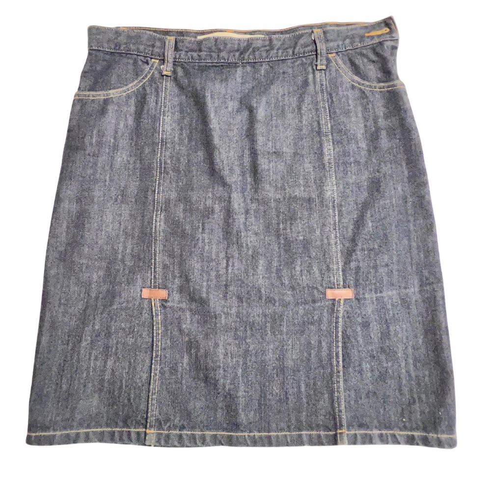 GAP Dark Blue Denim Tailored Skirt w/leather detail at two front splits. Sz 10